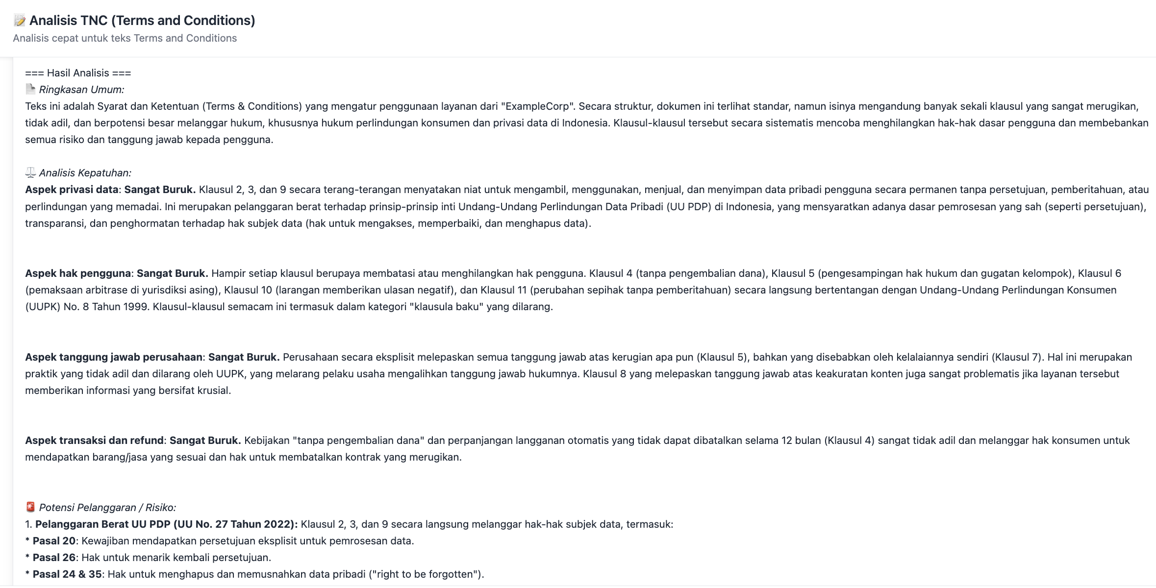 Screenshot Fitur T&C Analyzer